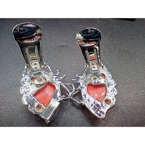 Clip On Earrings Butterfly Wings Orange Lucite Vintage 1950s Silver Tone 1 Inch - Picture 14 of 15